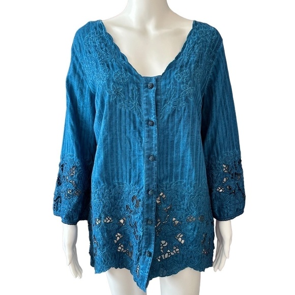 SOFT SURROUNDINGS| Womens S Esme Blue Top Blouse Lace Embellishment Boho Beach - Picture 1 of 16